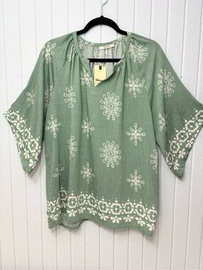 Bebonnie Boho Embroidered Tunic Top - Sage Green Size L NEW